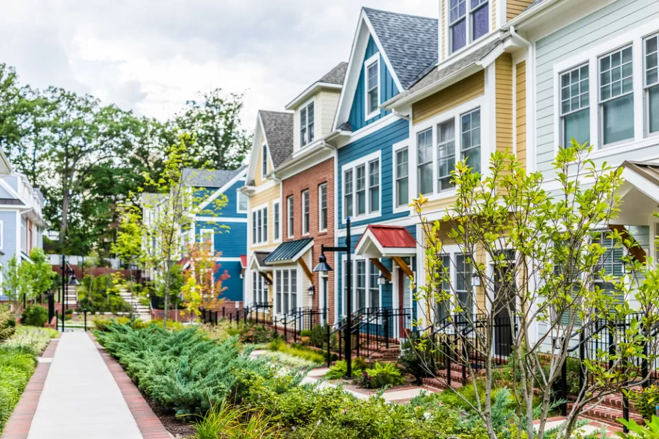 Row of colorful townhomes